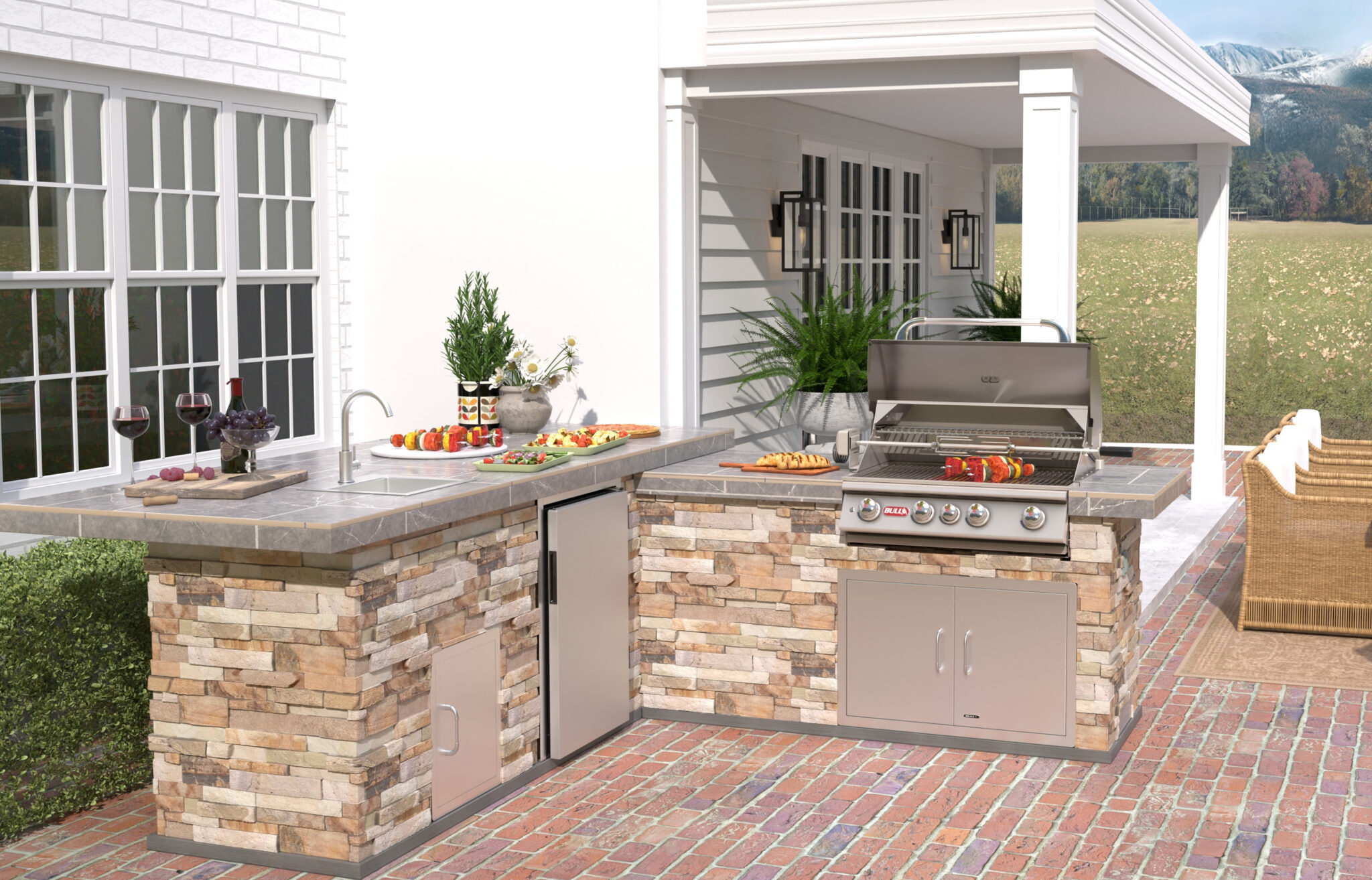 Gourmet Q L-shaped outdoor kitchen and grill with sink and refrigerator