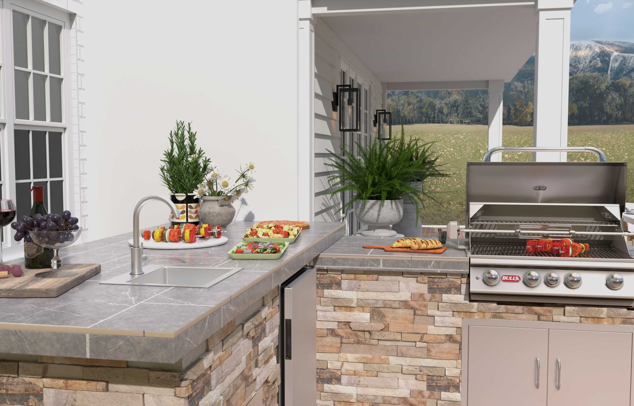 Gourmet Q L-shaped outdoor kitchen and grill with sink and refrigerator