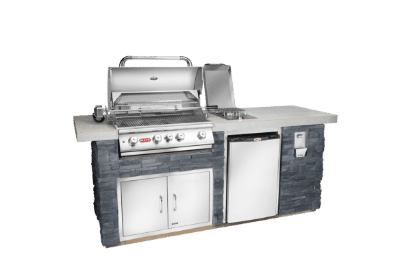 Grey stoneface, Stainless Steel 4-burner, outdoor grill with kitchen and fridge