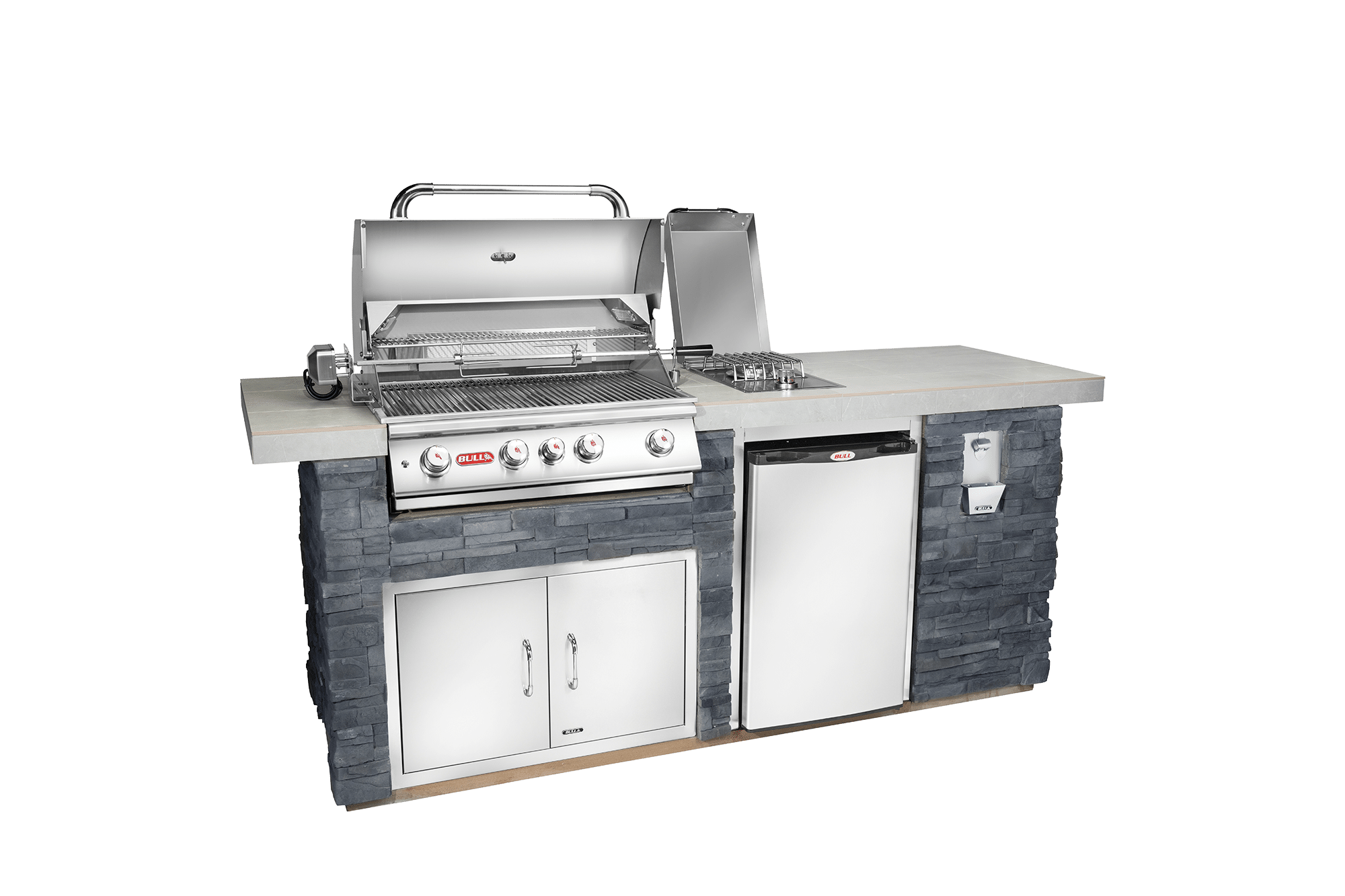 Bull BBQ Fully-Assembled 8 Ft. Outdoor Kitchen BBQ Island With 30-Inch  Angus Grill, Fridge, Single Side Burner And 30-Inch Access Door & Double  Drawer Combo - Rock Base And Tile Countertop 