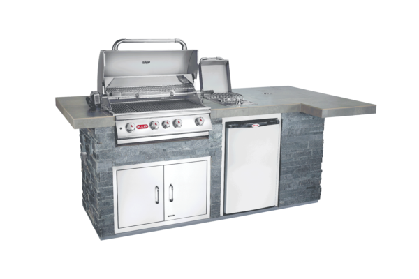 Grey stoneface, Stainless Steel 4-burner, L-shaped outdoor grill with kitchen and fridge