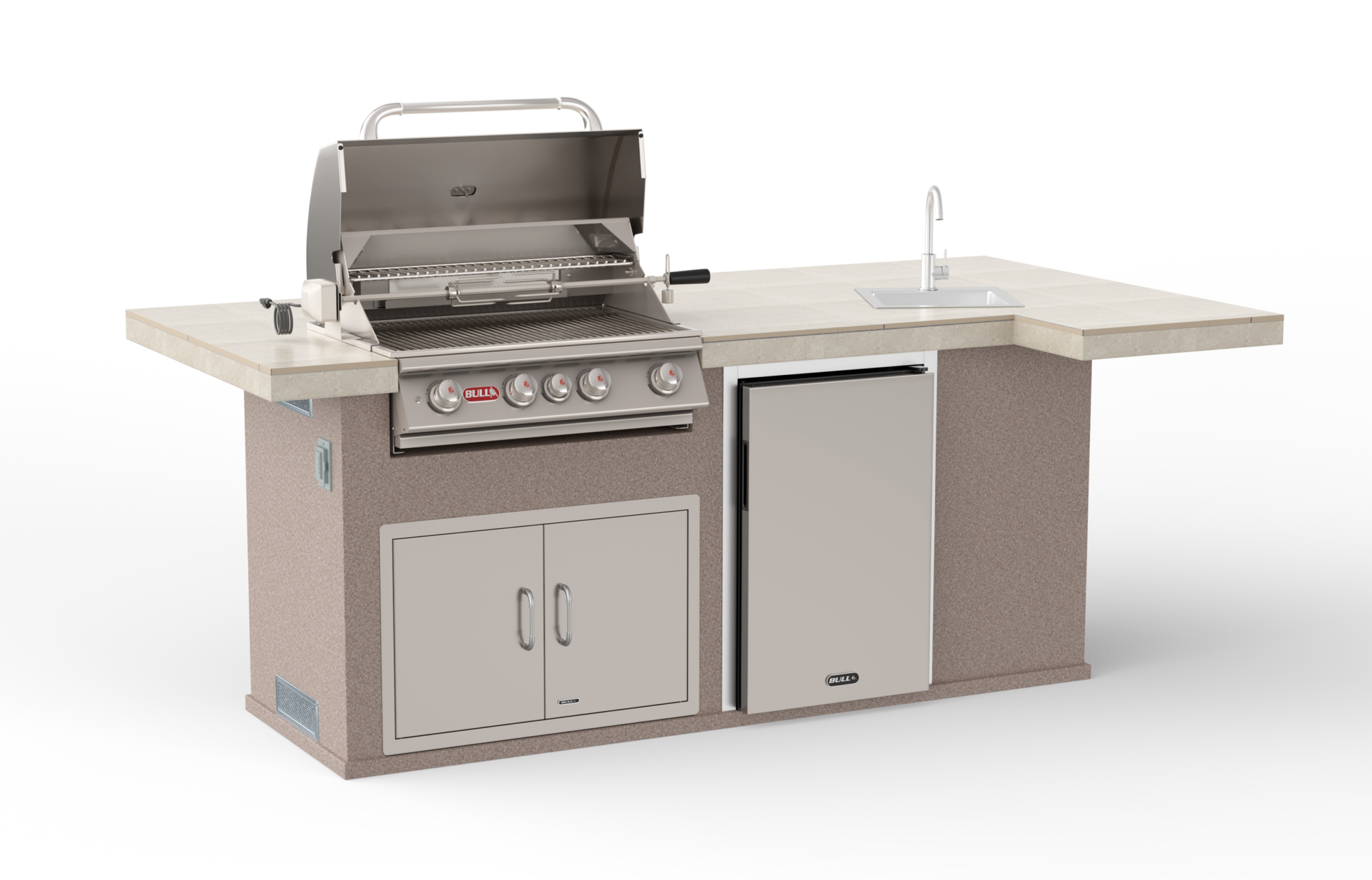 BBQ outdoor grill island with sink and refrigerator - tile top and quartzite base