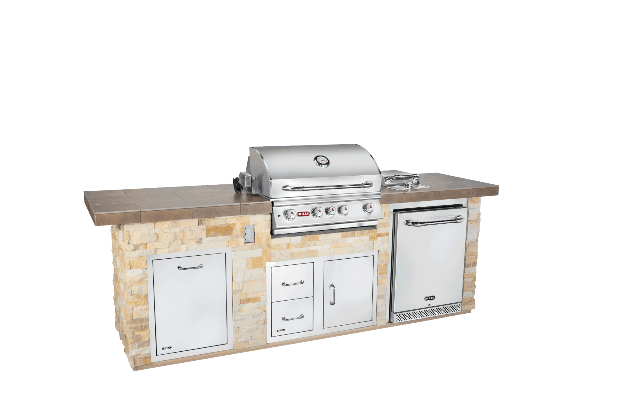 Tan rock, stainless steel outdoor kitchen and grill with fridge from Bull BBQ