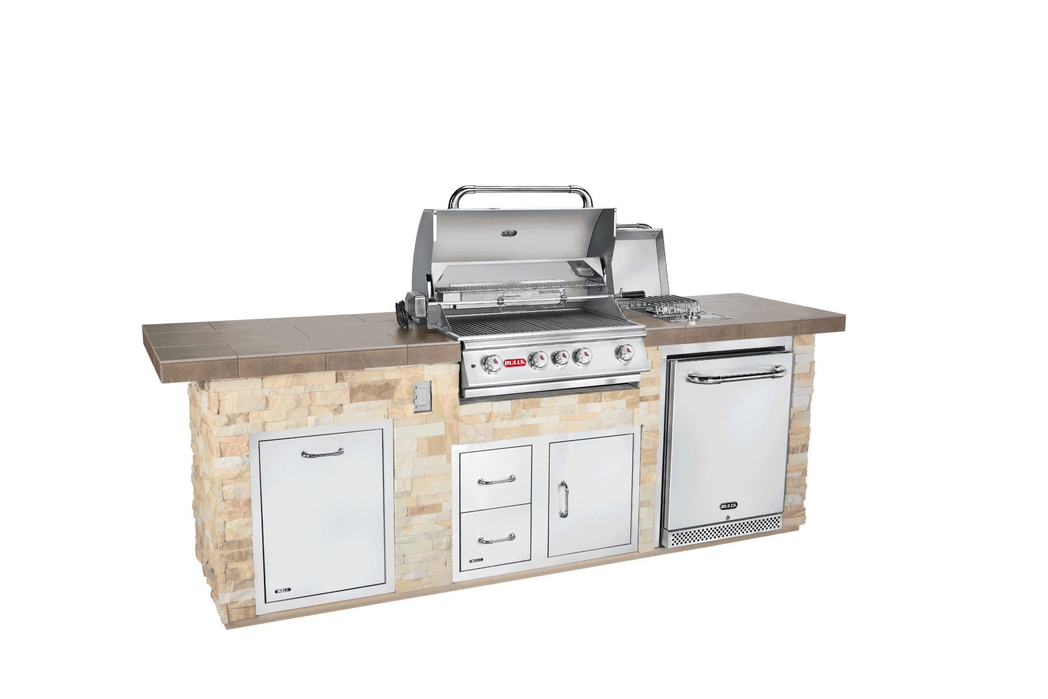 Tan rock, stainless steel outdoor kitchen and grill with fridge from Bull BBQ