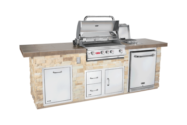 tan rock front, Stainless Steel 4-burner, outdoor grill with kitchen and fridge