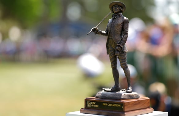 HILTON HEAD ISLAND, SOUTH CAROLINA - APRIL 16: A detailed view of the trophy is seen on the first tee during the final round of the RBC Heritage at Harbour Town Golf Links on April 16, 2023 in Hilton Head Island, South Carolina. (Photo by Kevin C. Cox/Getty Images)