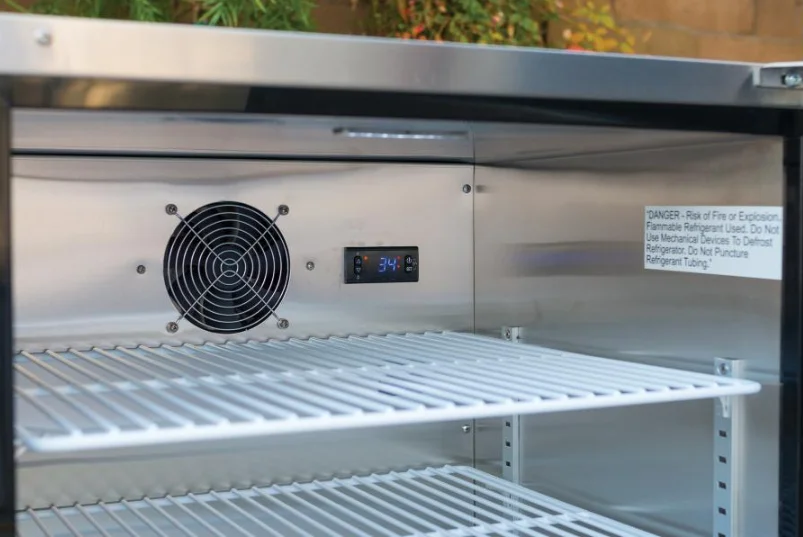 Premium Outdoor Rated 4.9 cu. ft. Stainless Steel Fridge Series II Right Angled View Close Up Inside View