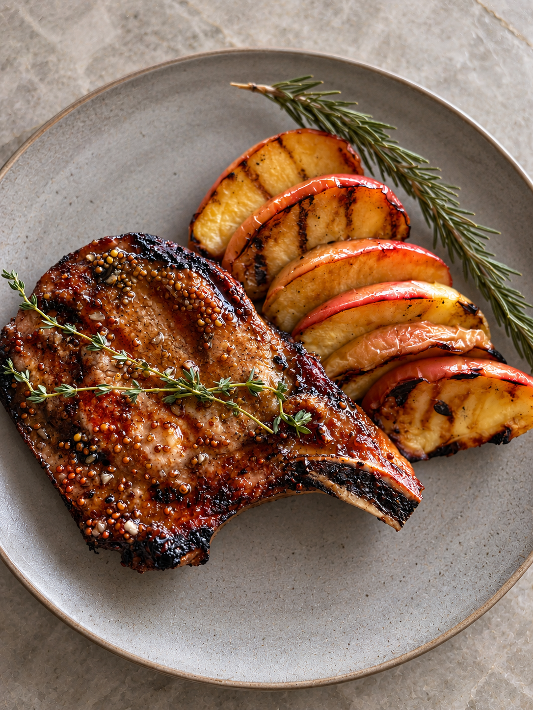 Maple glazed pork chop with grilled apple rings on a wooden board