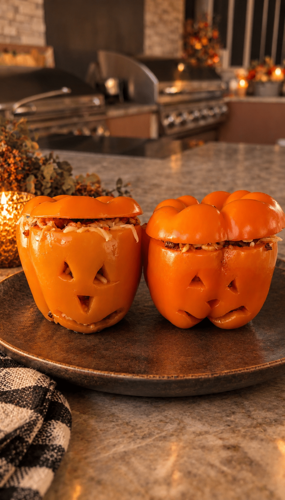 Grilled jack o’lantern stuffed peppers with carved faces, melted mozzarella and charred edges.